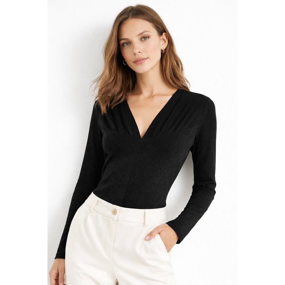 Irene Van Ryb Wool Blend Top V Neck Fitted Long Sleeve Black Small Minimalist